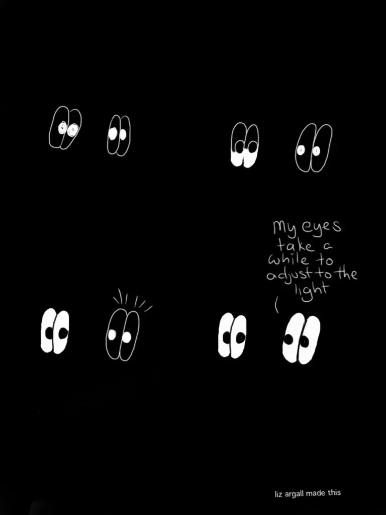 Transcript: I'm not sure how well this joke renders non-visually, but here's an attempt! The Things are in complete darkness, you can only see their eyes and their eyes are white lines on black. Slowly Thing 1's eyes fill up with white, so it looks a bit more normal. Thing 2 still looks like an inverse drawing and is surprised. Eventually Thing 2's eyes flip black and white coloring and look a bit more normal. Thing 2: My eyes take a while to adjust to the light