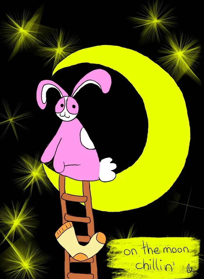 Bunson Hoppydew sits in a crescent moon. A ladder is at the base of the moon and Sock is on the ladder.