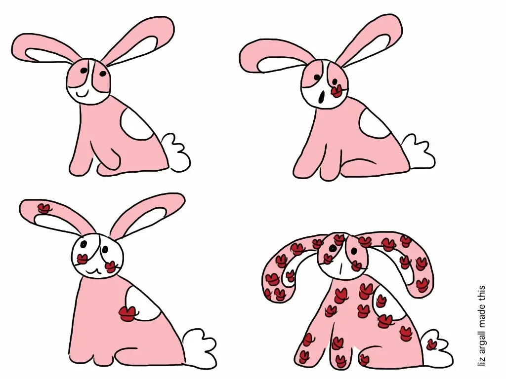 Description Bunson Hoppydew, sitting and smiling. Bunson looks surprised and there's a lipstick kiss mark on his face. Bunson smiling and looking up, there are four kisses on him. Bunson looks a little droopy and shocked as he's covered from head to toe with lipstick marks!