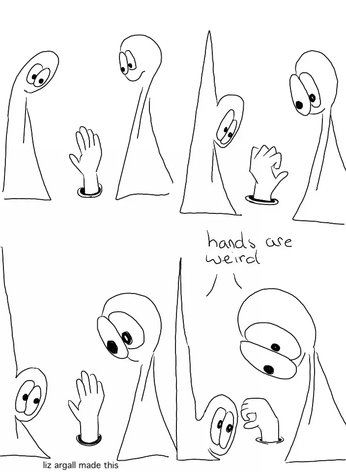 Transcript The Things are looking at a hand that has emerged from a hold in the ground. As the Things are looking at the hand and changing shapes in extreme ways as they look. Thing 1 & Thing 2: hands are weird