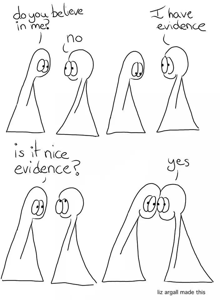 Webcomic Transcript. Thing 1: Do you believe in me? Thing 2: No Thing 2: I have evidence. Thing 1: Is it nice evidence? The Thing rest their head on each other. Thing 2: Yes.
