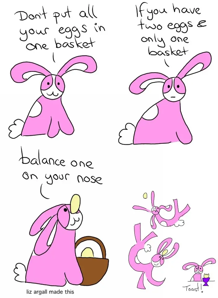 Webcomic Transcript Bunson Hoppydew: Don't put all your eggs in one basket. Bunson: If you have two eggs and only one basket. Bunson: Balance one on your nose! Bunson dances around and frolics with an egg. Bunson is sitting next to a purple egg cup with half an egg.
Bunson: Toast!