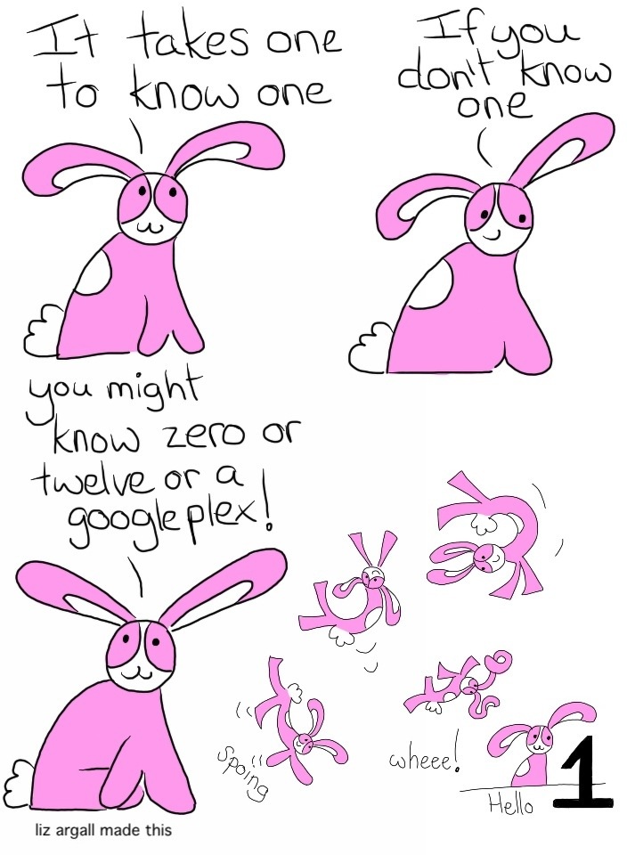 Bunson Hoppydew is sitting by himself. Bunson: It takes one to know one. Bunson: So if you don't know one Bunson: You might know zero or twelve or a googleplex! Bunson dances around. SFX: Spoing Bunson: Wheeee! Bunson sits down next to a large #1  Bunson: Hello