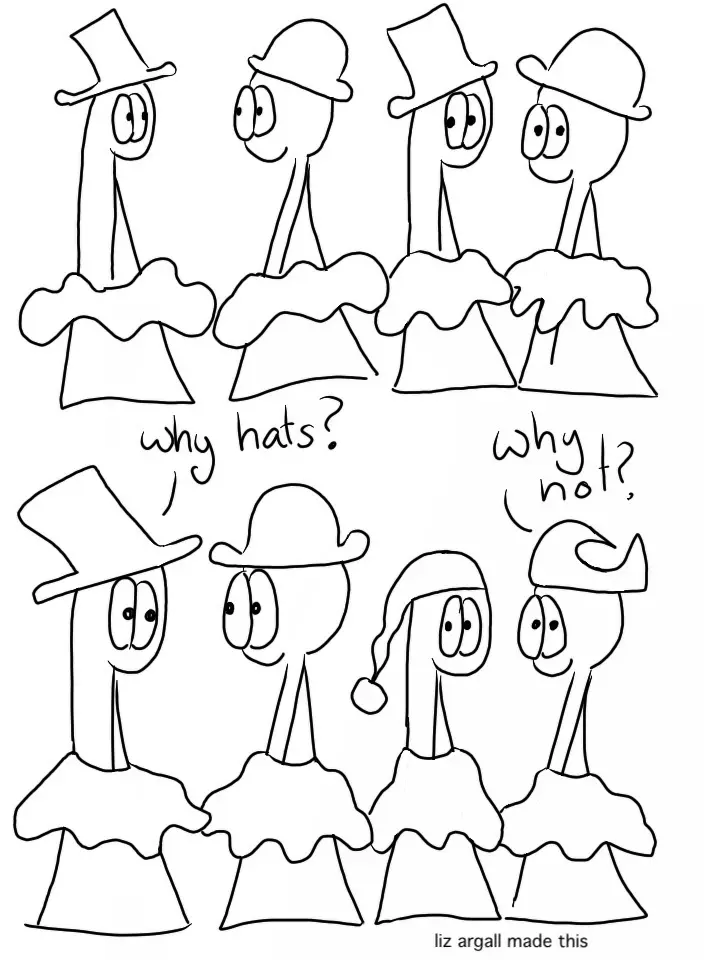 The Things are wearing tutus and hats. Thing 1: Why hats? Thing 2: Why not?