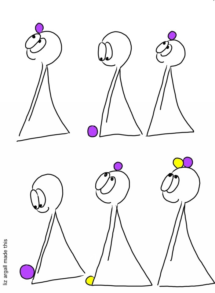 Thing 2 balances a purple ball on their head. The purple ball falls down. Thing 2 balances a purple ball on their head. The purple ball falls down. Thing 2 balances the purple ball on their head. There is a yellow ball at their base. Thing 2 balances the purple and yellow ball on their head.