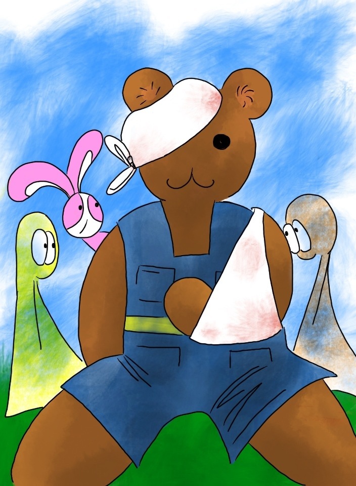 Tankin Bear is wearing bandages and is smiling. Bunson and the Things look at Tankin Bear