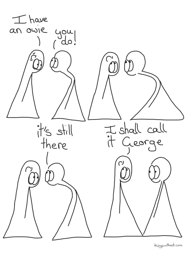 Thing 1 has a bump on their head. Thing 1: I have an owie Thing 2: You do! They both look at the bump Thing 2: It's still there Thing 1: I shall call it George