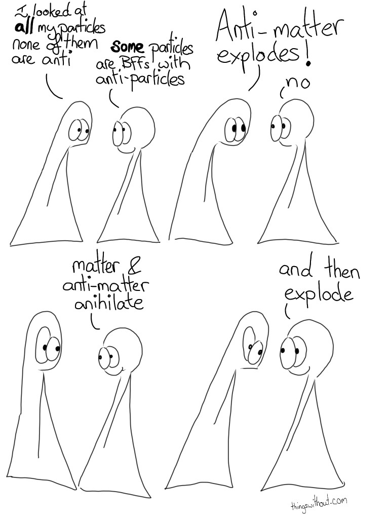 Thing 1: I look at ALL my particles, now of them are anti Thing 2: SOME particles are BFFs with anti-particles Thing 1: Anti-matter explodes! Thing 2: No Thing 2: Matter and anti-matter anihilate Thing 2: And then explode
