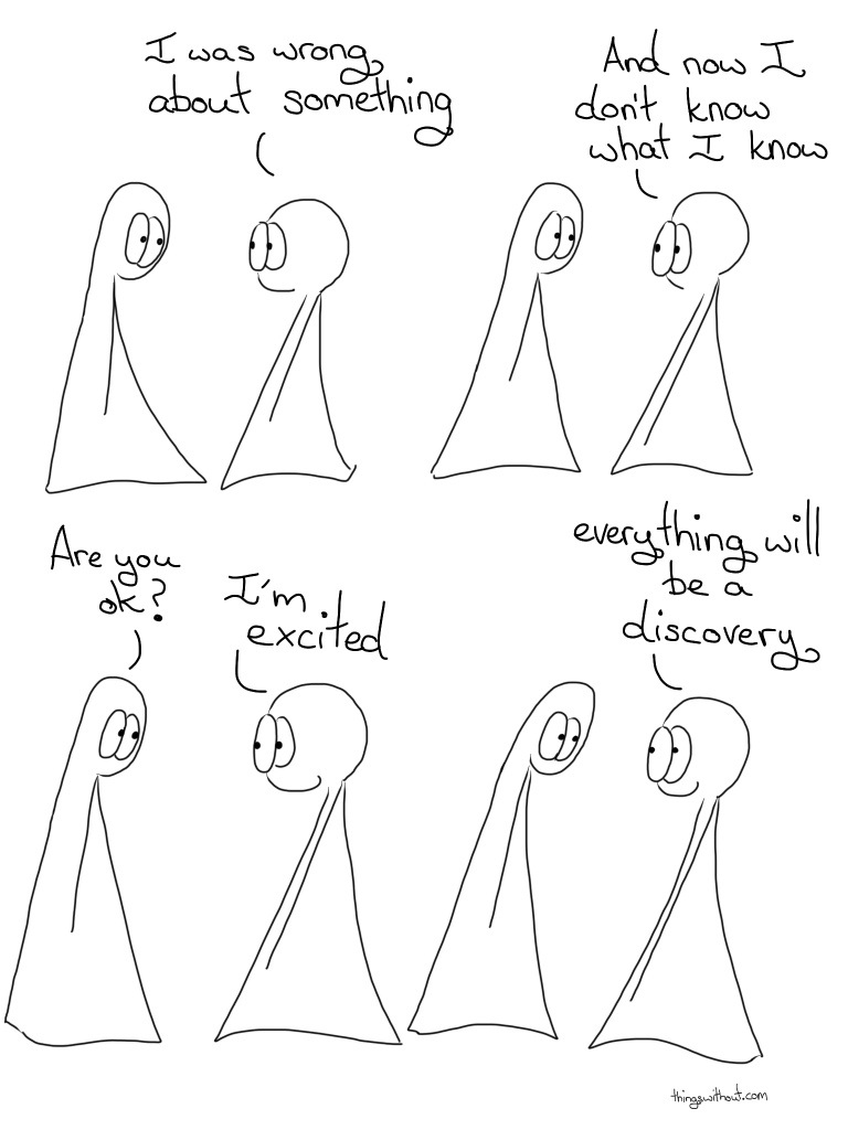 Transcript Thing 2: I was wrong about something Thing 2: And now I don't know what I know Thing 1: Are you ok? Thing 2: I'm excited Thing 2: Everything will be a discovery