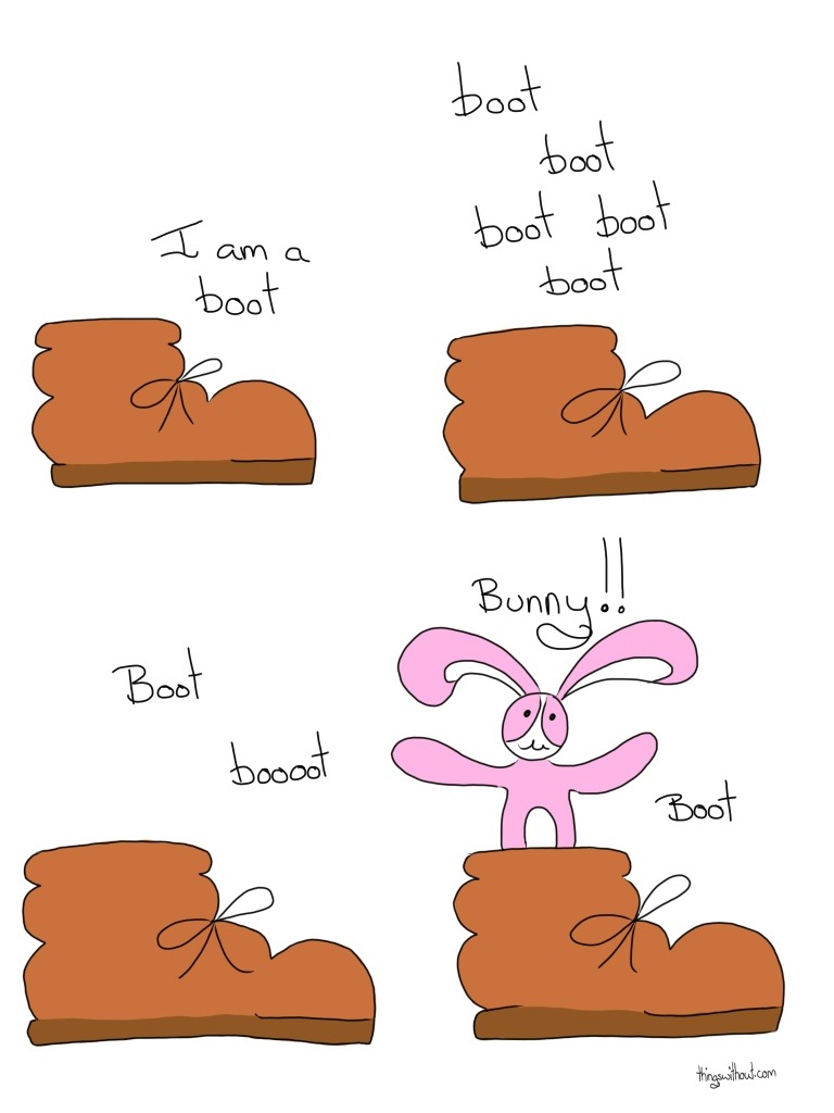 A boot and a bunny hang out