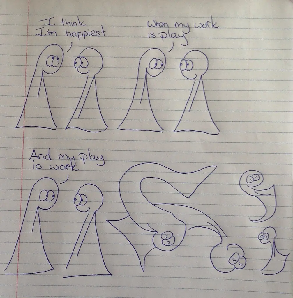 Work-Life Balance Comic Transcript Thing 1 and Thing 2 are in conversation. Thing 1: I think I'm happiest. Thing 1: When my work is play. Thing 1: And my play is work. The Things smile at each other and then zoom through the air in different flowy shapes with their eyes closed.