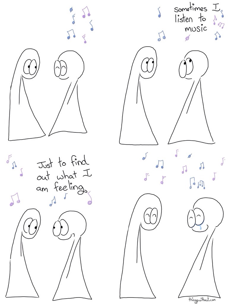 Music feelings comic transcript Thing 2 is listening to music with their eyes closed. Thing 1 look on. Thing 2 opens their eyes and looks up to the music notes floating above it. Thing 2:Sometimes I listen to music, just to find out what I am feeling. Both the Things close their eyes and listen to the music, Thing 2 is smiling and crying a little.