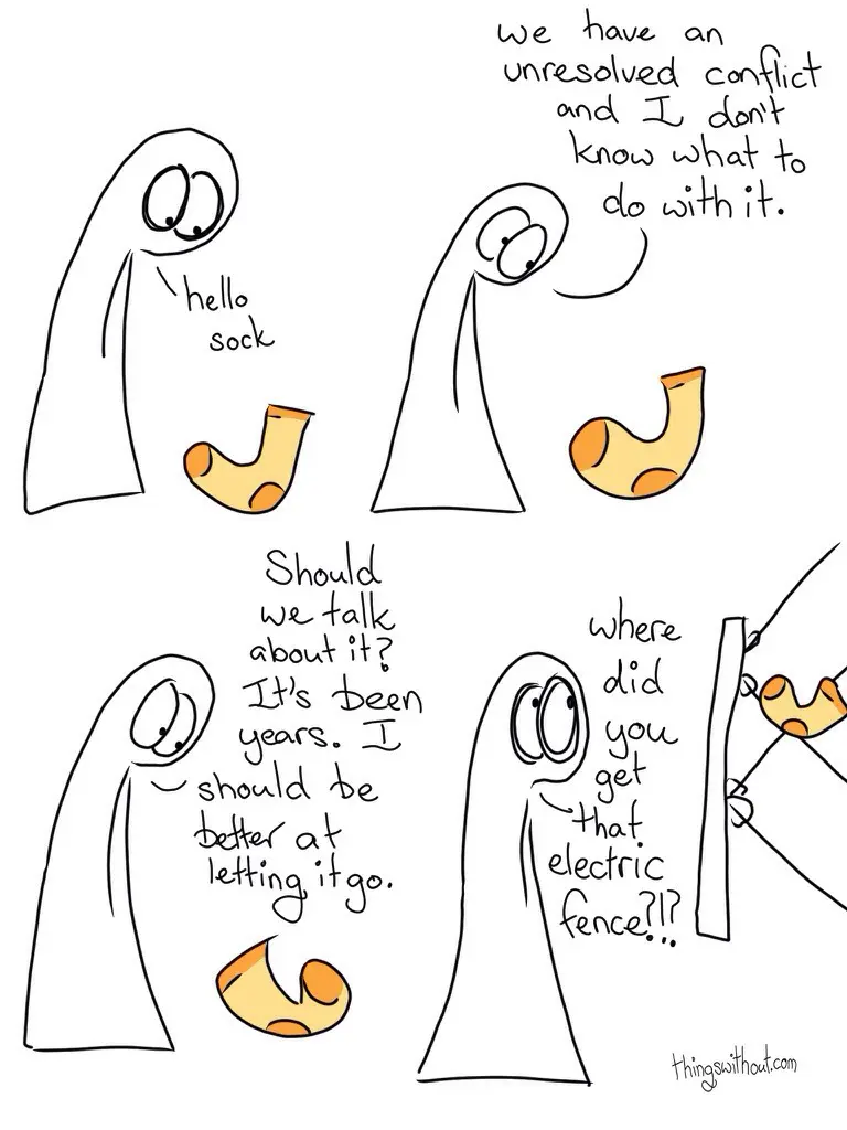 Thing 1 talks to Sock Thing 1: Hello sock Thing 1: We have an unresolved conflict and I don't know what to do with it. Thing 1: Should we talk about it? It's been years. I think I should be better at letting it go. Sock is suddenly sitting on an electric fence. Thing 1: Where did you get that electric fence?!?