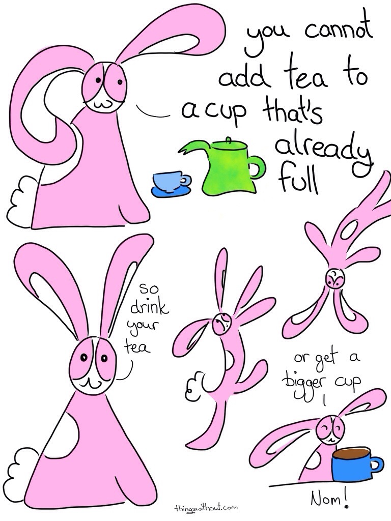 Bunson Hoppydew: you cannot add tea to a cup that's already full. So drink your tea, or get a bigger cup! Nom!