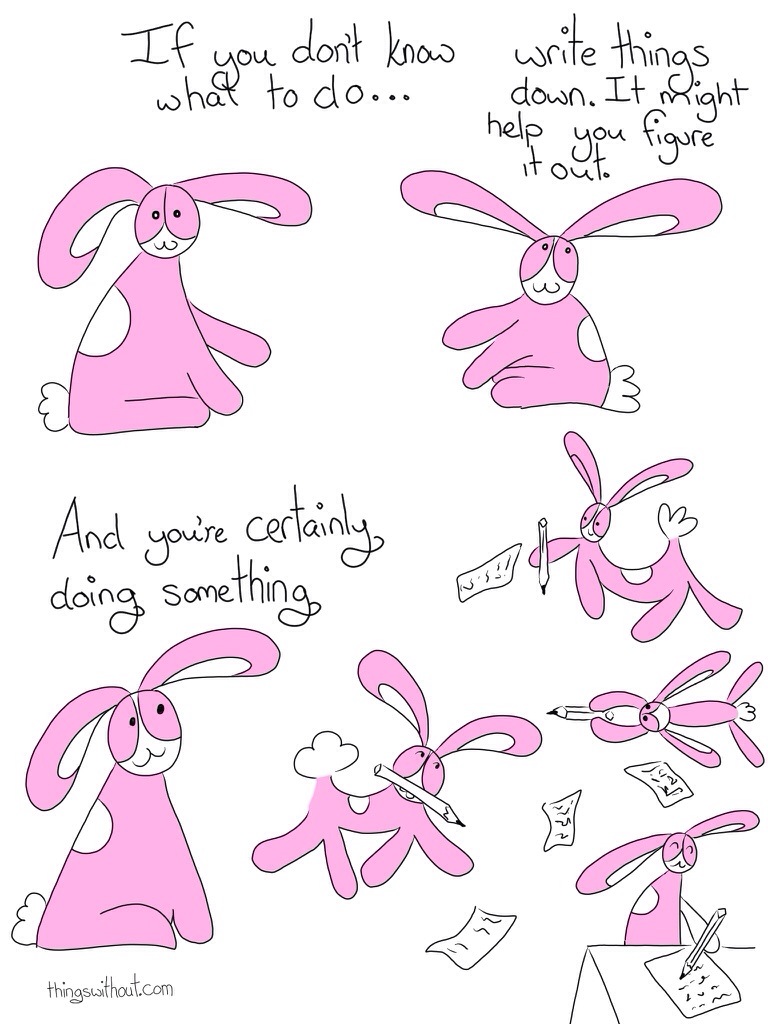 lifestyle advice from a small pink bunny. To do Transcript Bunson Hoppydew (a little pink bunny, he likes dancing friendship and cake) sits and smiles at us. Bunson: If you don't know what to do.  Write things down. It might help you figure it out. And you're certainly doing something. Bunson dances around with a pencil and paper and eventually sits down to write.