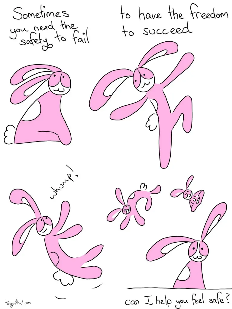 lifestyle advice from a small pink bunny - success and failure Transcript Bunson Hoppydew (a little pink bunny, he likes dancing friendship and cake) sits and smiles. Bunson: Sometimes you need the safety to fail to have the freedom to succeed. Bunson prances and then slips and falls (still smiling) Bunson: whump! Bunson keeps dancing around and then sits. Bunson: Can I help you feel safe?