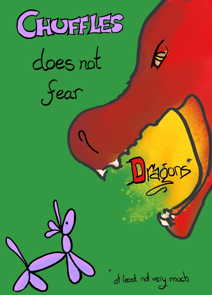 A big red dragon breathing flames down on a defiant purple balloon unicorn.