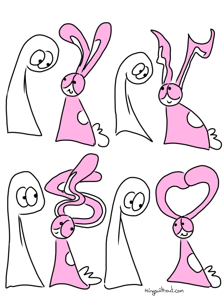 Ears Talk Comic Script, Thing 1 and Bunson Hoppydew are hanging out together. Bunson, Bunson Hoppydew is a pink bunny and his ears are looking quite tall and big. Thing 1 smiles at Bunson, Bunson makes his ears all wiggly and draw funny shapes in the air. Thing 1 looks a little intimidated as Bunson makes his ears wildly spiral around each other. Thing 1 smiles as Bunson's ears go up into a shape that looks a little bit like a love heart.