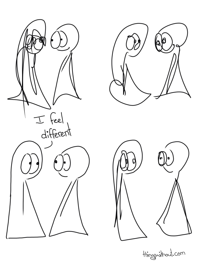 Thing 1 is drawn in a weird scribbly way. Then Thing 1 and 2 a drawn in a scribbly way. Then Thing 1 and 2 look normal. Thing 1: I feel Different. Thing 1 and 2 are drawn in a scribbly way again.