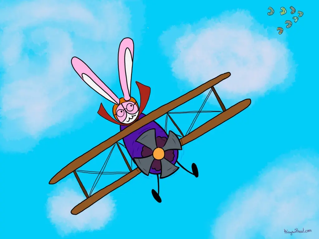 Bunson Hoppydew wearing aviator goggles and a scarf, flying an old fashioned bi-plane up in the blue sky. 