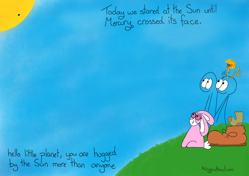 The Things, Boot, Bunson Hoppydew, Mayara and Sock all stare up at the sun, which has a little dot on it. Bunson and Mayara are wearing googles. The Things aren't, because they have a soft spot for staring at the sun until they go blind.