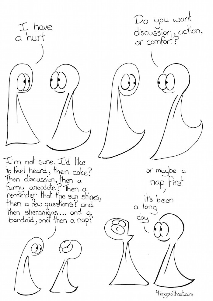 When someone is hurt it's so easy to rush in... or, if they go quiet, not ask. It's impossible to always have the perfect response, which is why asking can be so handy ^_^. Thing 1: I have a hurt Thing 2: Do you want discussion, action or comfort? Thing 1: I'm not sure. I'd like to feel heard, then cake? Then discussion, then a funny anecdote? Then a reminder that the sun shines, then a few questions? and then shenanigans... and a bandaid, and then a nap? Thing 1 falls asleep with it's head back. Thing 2: Or maybe a nap first. It's been a long day.