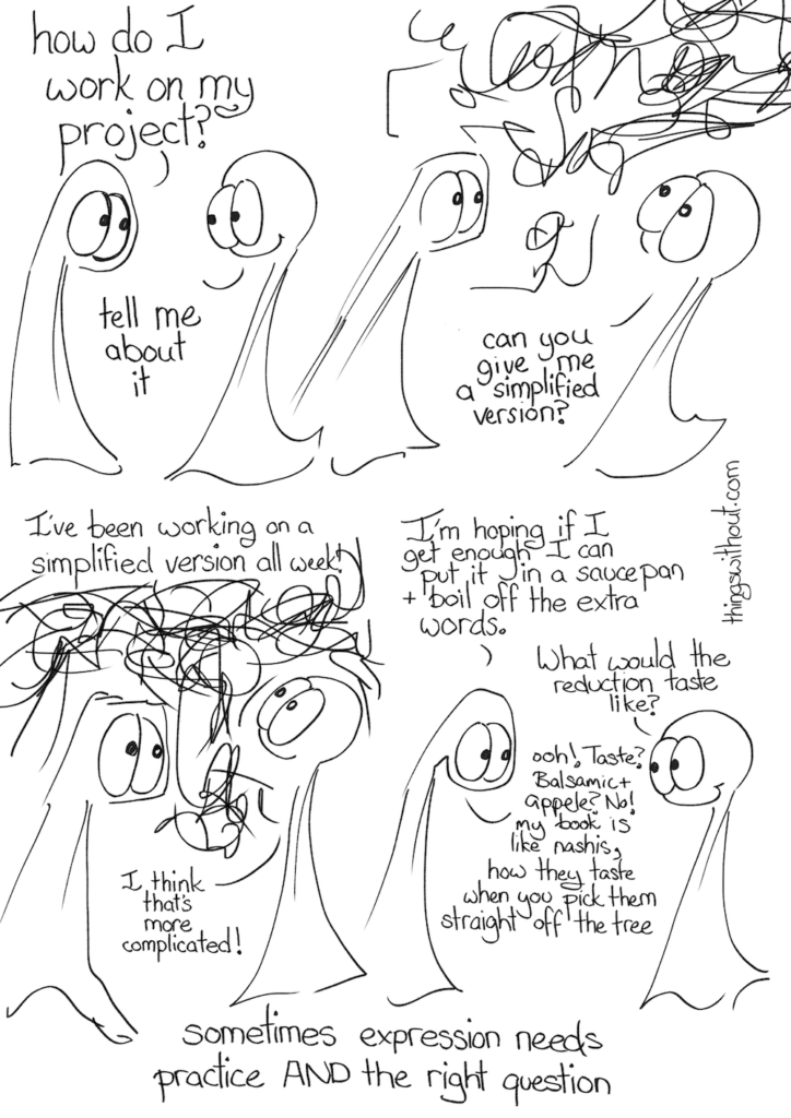 Thing 1: How do I work on my project? Thing 2: tell me about it The air fills with many scribbles Thing 2: can you give me a simplified version? Thing 1: I've been working on a simplified version all week! The air fills with even more scribbles Thing 2: I think that's more complicated! Thing 1: I'm hoping if I get enough I can put it and a saucepan and boil off the extra words. Thing 2: What would the reduction taste like? Thing 1: ooh! Taste? Balsamic and apples? No! my book is like nashis, how they taste when you pick them straight off the tree. Sometimes expression needs practice AND the right question.