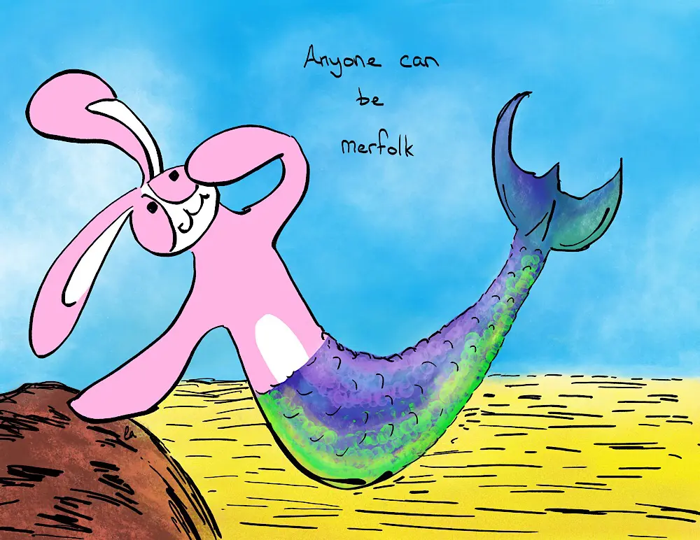 Bunson Hoppydew, a little pink bunny, he likes dancing friendship and cake, drawn as a mermaid. He is smiling on a beach and the text says "Anyone can be merfolk".