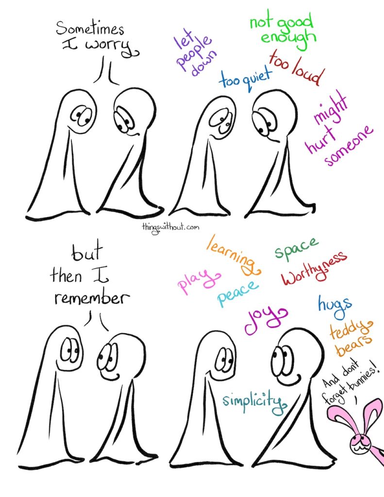 Things 1 & 2: Sometimes I worry let People down not good enough too loud too quiet might hurt someone Things 1 & 2: but then I remember learning space peace play worthiness joy hugs simplicity teddy bears Bunson: And don’t forget Bunnies!