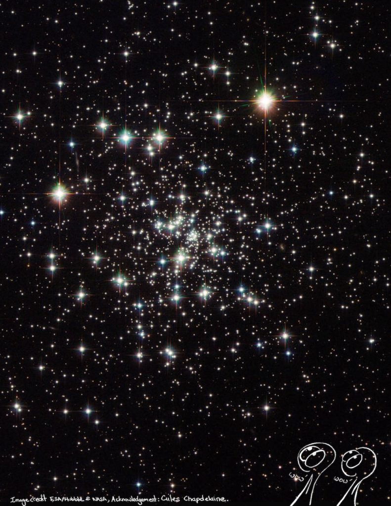 The two things are quite small on the bottom left of the page. They’re looking up at some incredible stars (globular clusters to be precise, not at all visible to the naked eye, but they are amazing clumps of stars). Image credit: ESA/Hubble & NASA, Acknowledgement: Giles Chapdelaine.