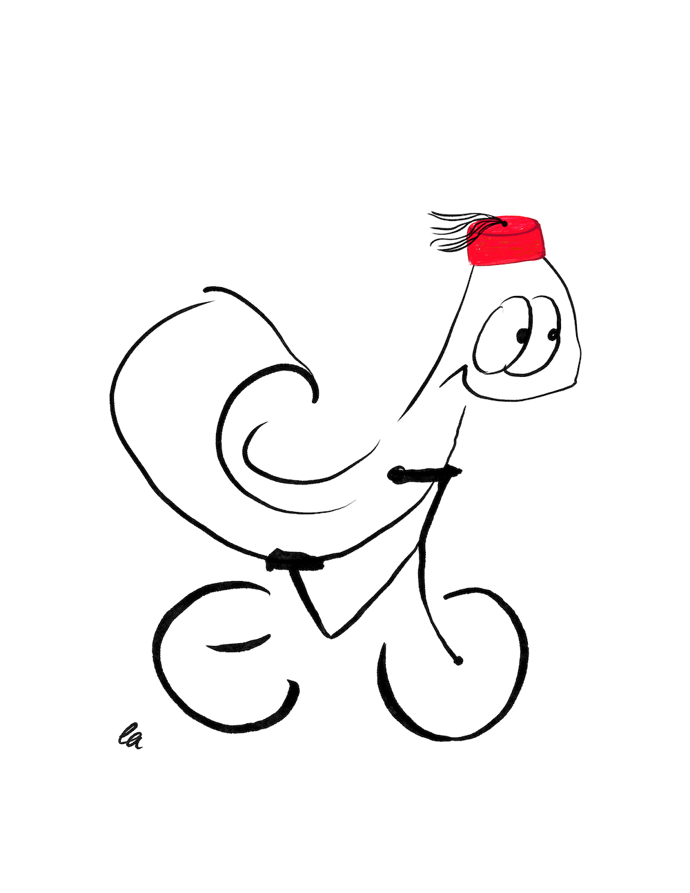 Thing 1 wearing a Fez and zooming along on a bicycle. They don't have any legs, so their chest rests on the handlebars, their belly rests on the seat and they are zooming!