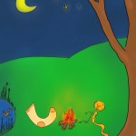Sock and Mayara sit around a camp fire. There is a pond and tree nearby and a crescent moon in the sky.