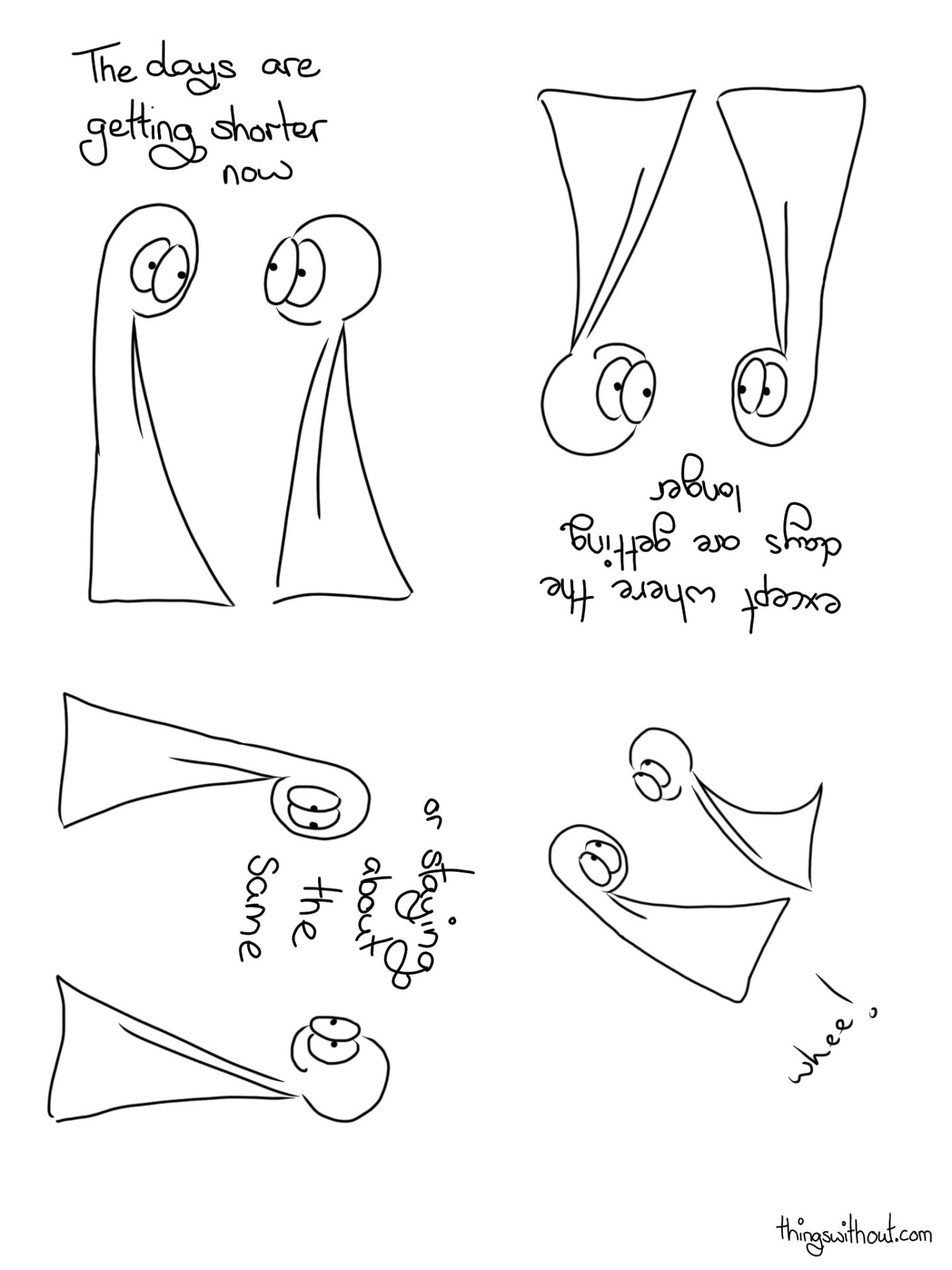 Solstice Comic Transcript The Things are looking at each other.
Announcement: The days are getting shorter now. The Things are upside down.
Announcement: Except where the days are getting longer. The Things are sideways... possibly a little equatorial looking.
Announcement: Or staying about the same. The Things are diagonal and sort of floating through the air.
SFX: Wheee!