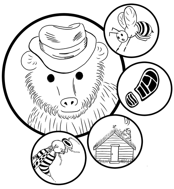 Illustration of a bear in a fedora, a wasp, a footprint, a house and a bee