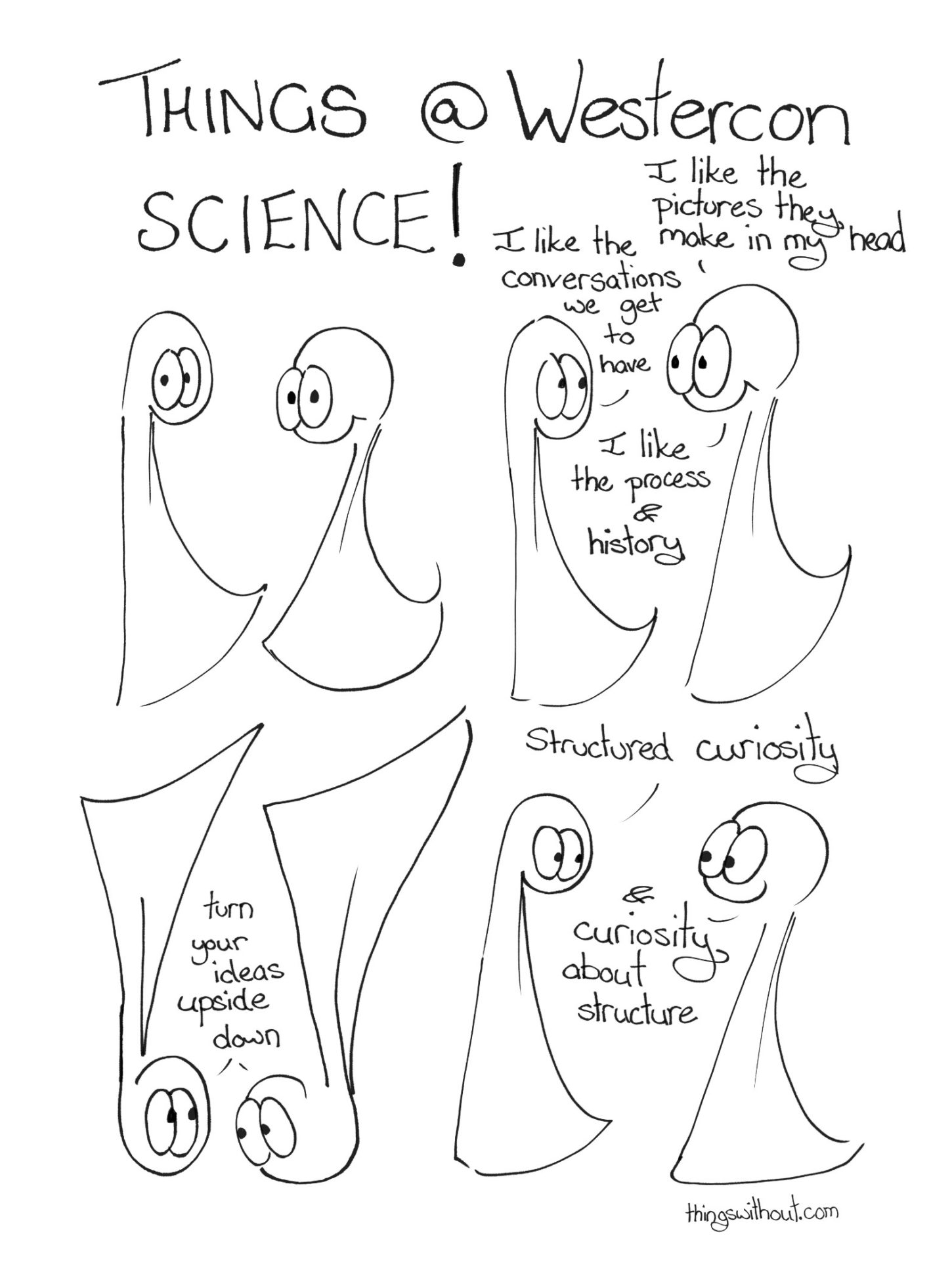 Westercon Comic Transcript Things at Westercon. Science! Thing 2: I like the pictures they make in my head. Thing 1: I like the conversations we get to have. Thing 2: I like the process and history. The Things are upside down. Things 1 & 2: Turn your ideas upside down. Thing 1: Structured curiosity. Thing 2: And curiosity about structure.