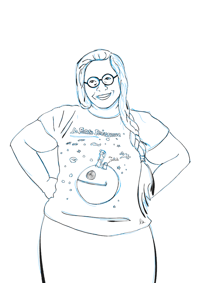 Drawing of a smiling woman wearing a La Petite Princess t-shirt