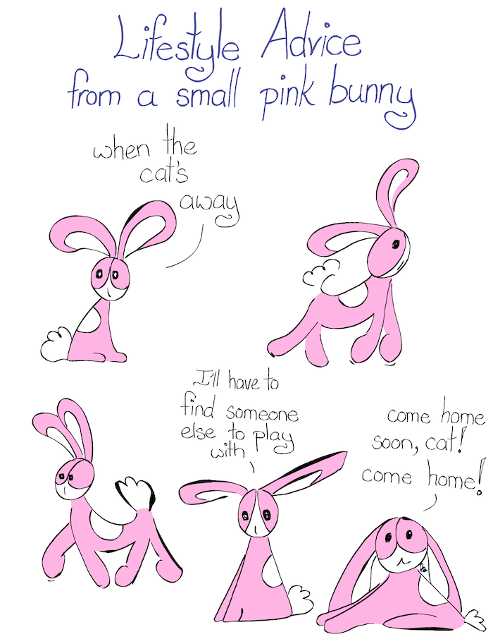 558: Lifestyle advice from a small pink bunny – Cat’s away