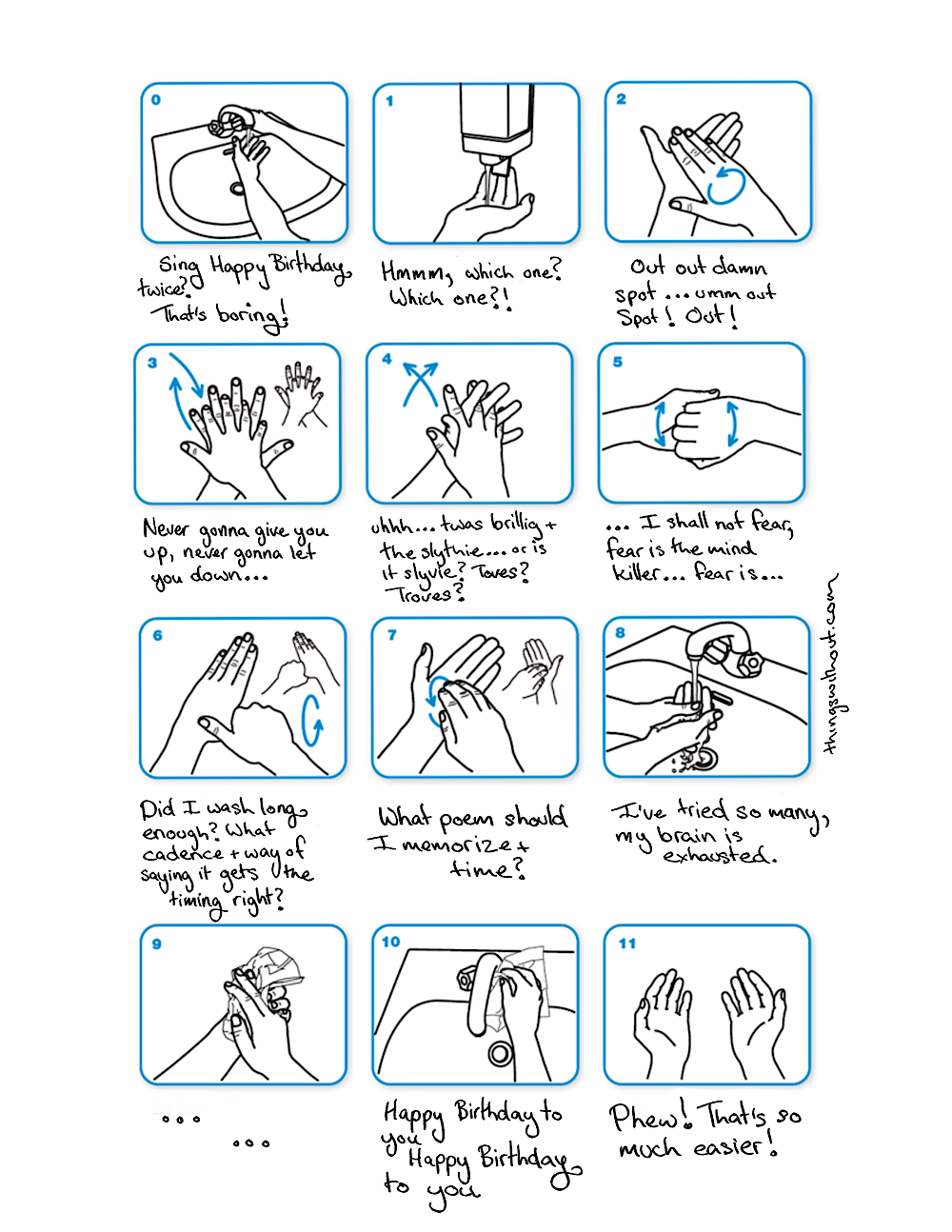 Webcomic Transcript Hand washing diagram from World Health Organization with modified text. Sing Happy Birthday twice? That’s boring! Hmmm, which one? Which one?! Out out damn spot... umm... out Spot! Out! Never gonna give you up, never gonna let you down... Uhhh... twas brillig and the slythie... or is it slyvie? Toves? Troves? ... I shall not fear, fear is the mind killer... fear is... Did I wash long enough? What cadence and way of saying it gets the timing right? What poem should I memorize and time? I’ve tried so many, my brain is exhausted. ... ... Happy Birthday to you, Happy Birthday to you Phew! That’s so much easier!