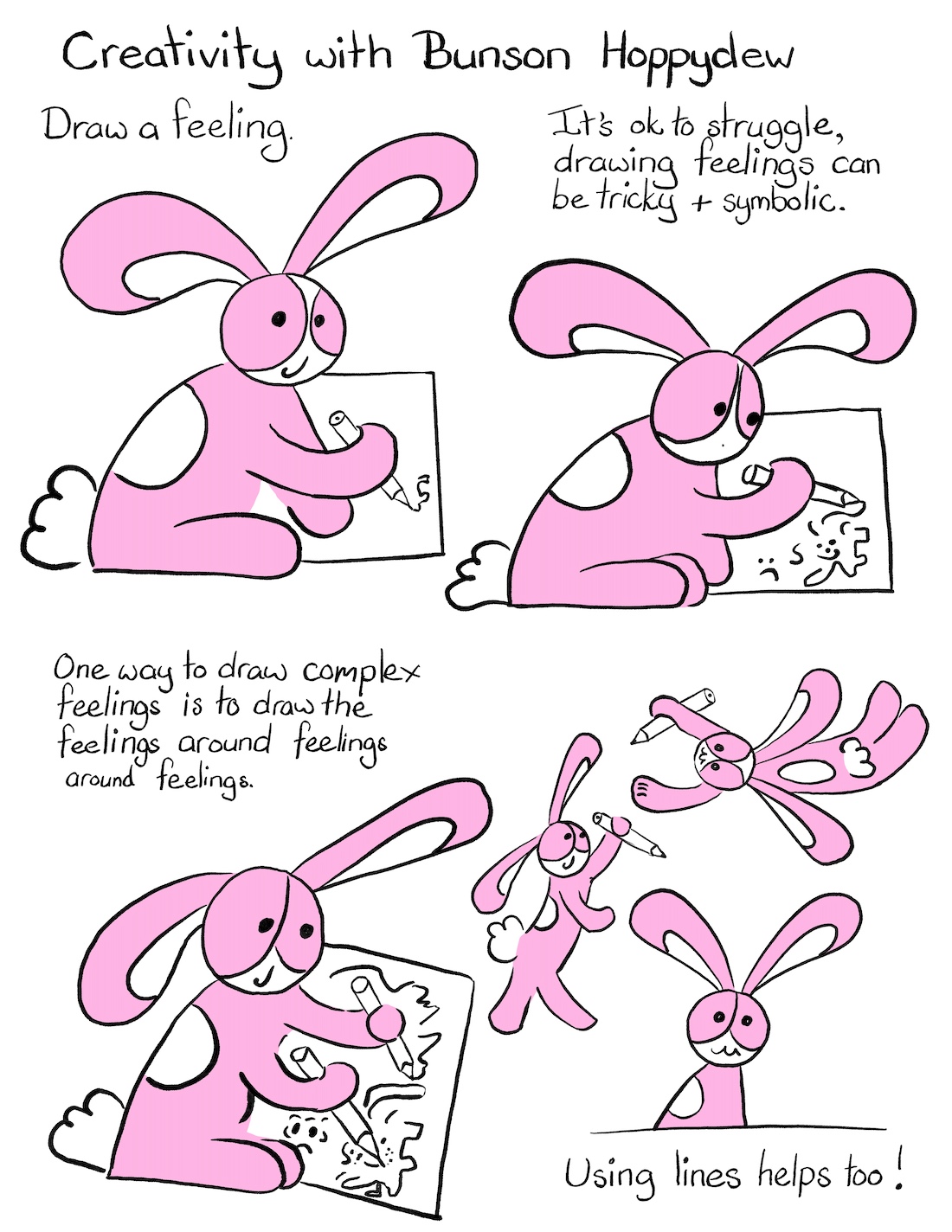 Draw a Feeling, Comic Transcript Bunson Hoppydew, a little pink bunny, he likes dancing friendship and cake, is drawing on a piece of paper and smiling at us Caption: Draw a feeling Bunson concentrates intensely as he draws further lines, bending over the page. Caption: It's ok to struggle, drawing feelings can be tricky and symbolic. Bunson is smiling and drawing on the page with both hands. Caption: One way to draw complex feelings is to draw the feelings around feelings around feelings. Bunson stands up, proudly holding one pencil in his hand (a little like a rampant lion, a little like someone holding their pencil like a spear!). Bunson zooms through the air, holding a pencil. Bunson sits down and smiles at us. Caption: Using lines helps too!