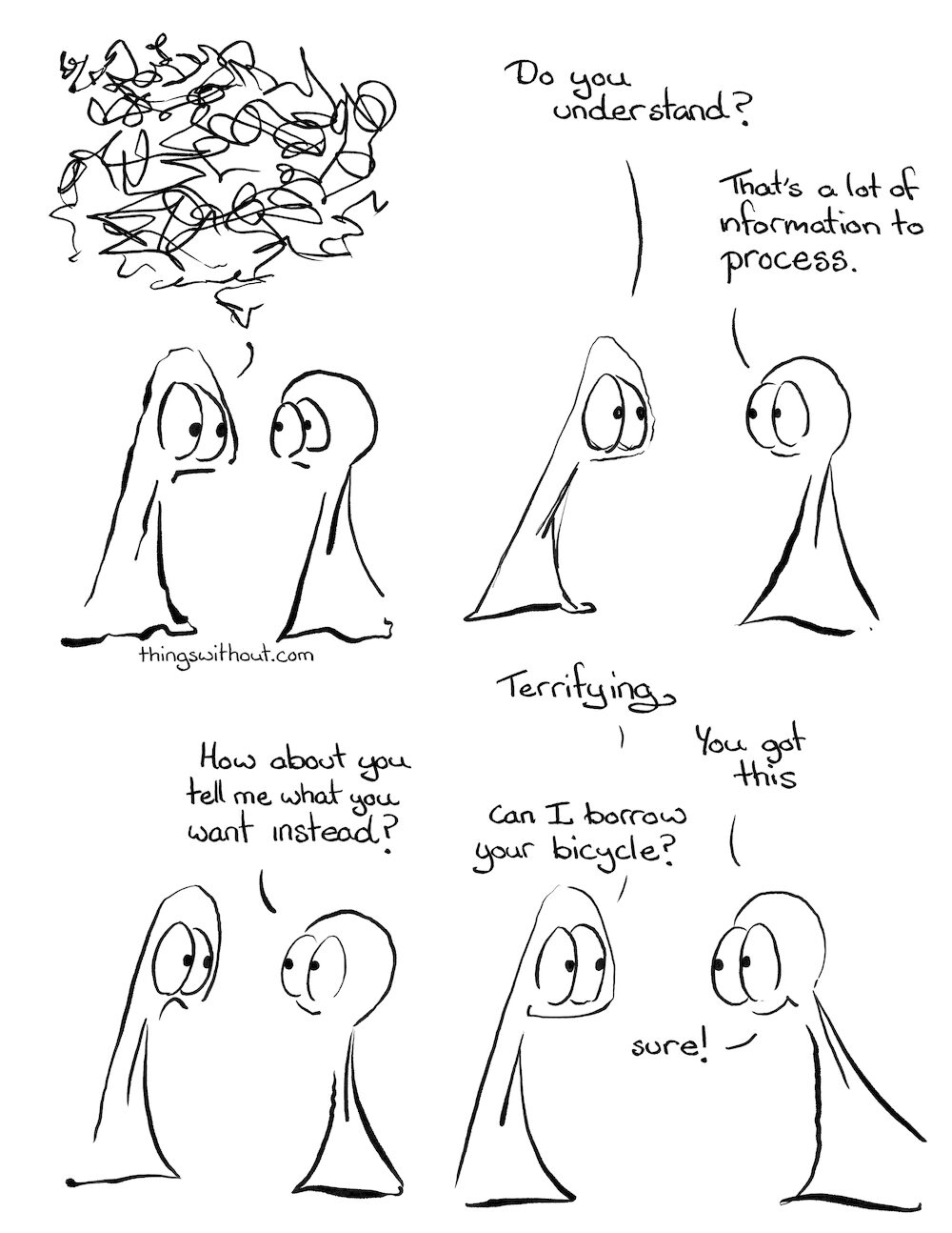 Ask, cartoon transcript Thing 1 and 2 are armless legless creatures of enormous kindness and integrity. Thing 1: Talks an enormous wall of words represented as lots of squiggly lines. Thing 1: Do you understand? Thing 2: That’s a lot of information to process Thing 2: How about you tell me what you want instead? Thing 1 looks aghast. Thing 2: You got this Thing 1: Can I borrow your bicycle? Thing 2: Sure!