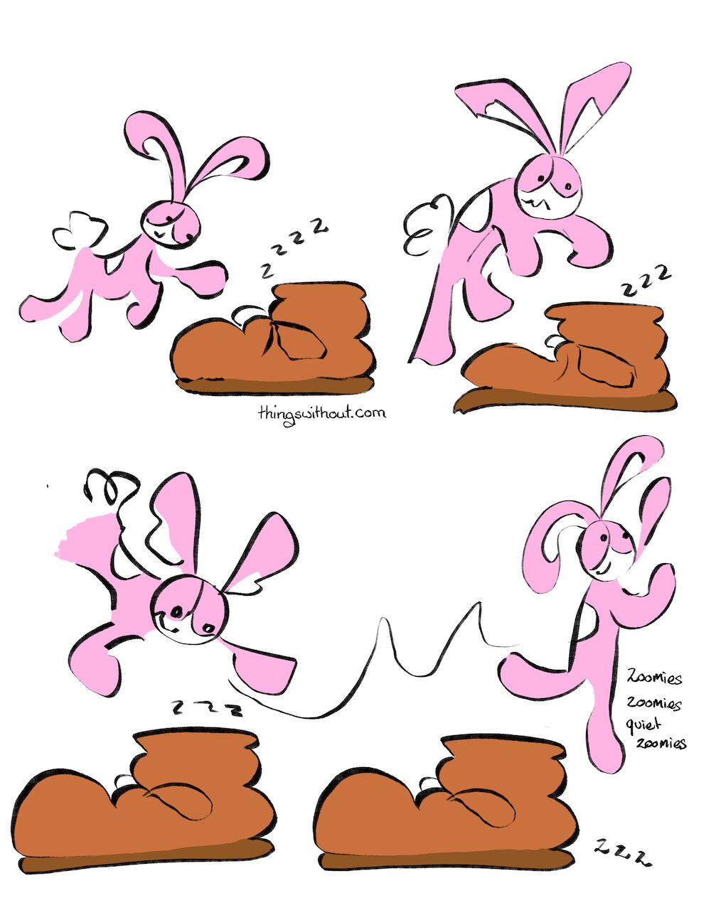 Transcript: Boot: zzz... Boot: zzz... Boot: zzz... Bunson: zoomies...zoomies...quiet zoomies... Boot: zzz...